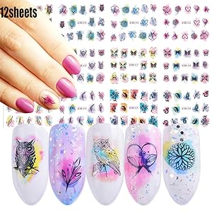 Macute Nail Water Stickers for Women Watercolor Nail Decals 12 Sheets Nail Art Stickers Owl Butterfly Leaf Feather Water Transfer Papers for Female Fingernails & Toenails Decoration Nail Accessories