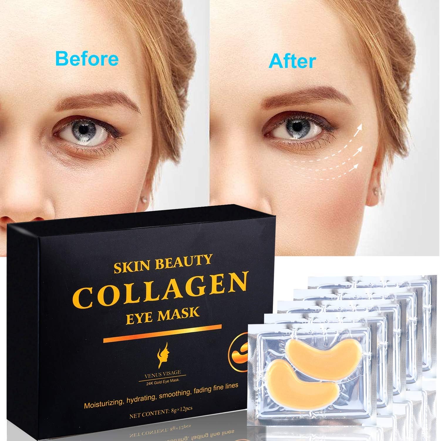 Venus Visage 24K Gold Eye Treatment Mask - Anti-Aging, Anti-Wrinkle, for Moisturizing & Reducing Dark Circles & Puffiness & Wrinkles (12 pairs)