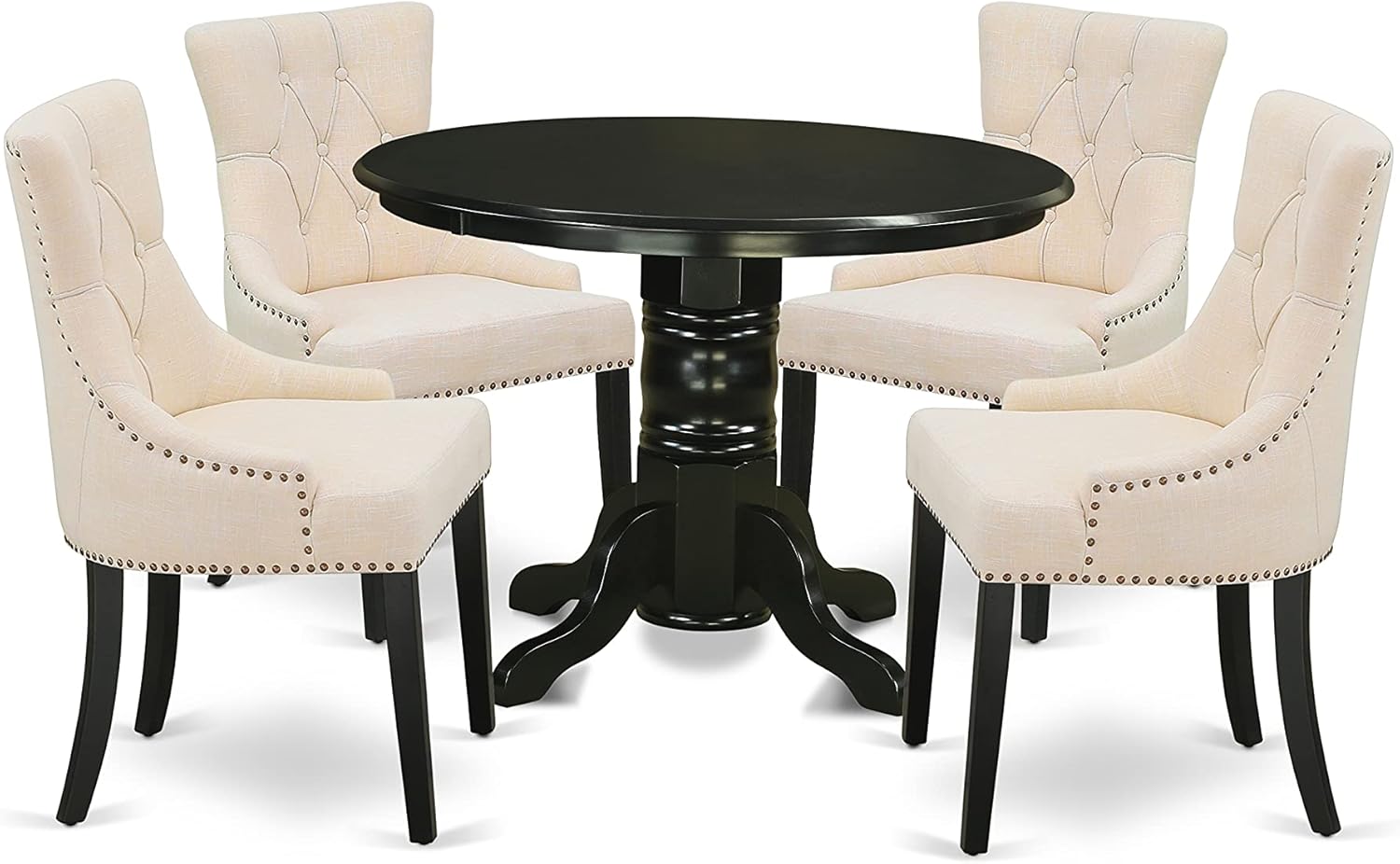 5Pc Dining Set Includes a Round Dining Room Table and Four Parson Chairs with Light Beige Fabric, Black Finish: Furniture & Decor