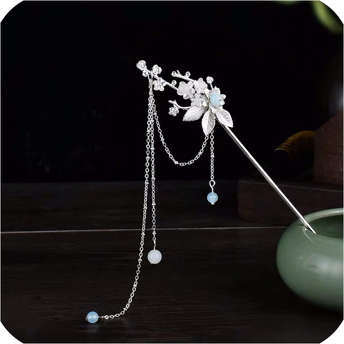 Chinese Hanfu tiara Long Moon Hair Stick Women Hair Accessories Silver Flower Leaf Crystal Headpiece,Silver1