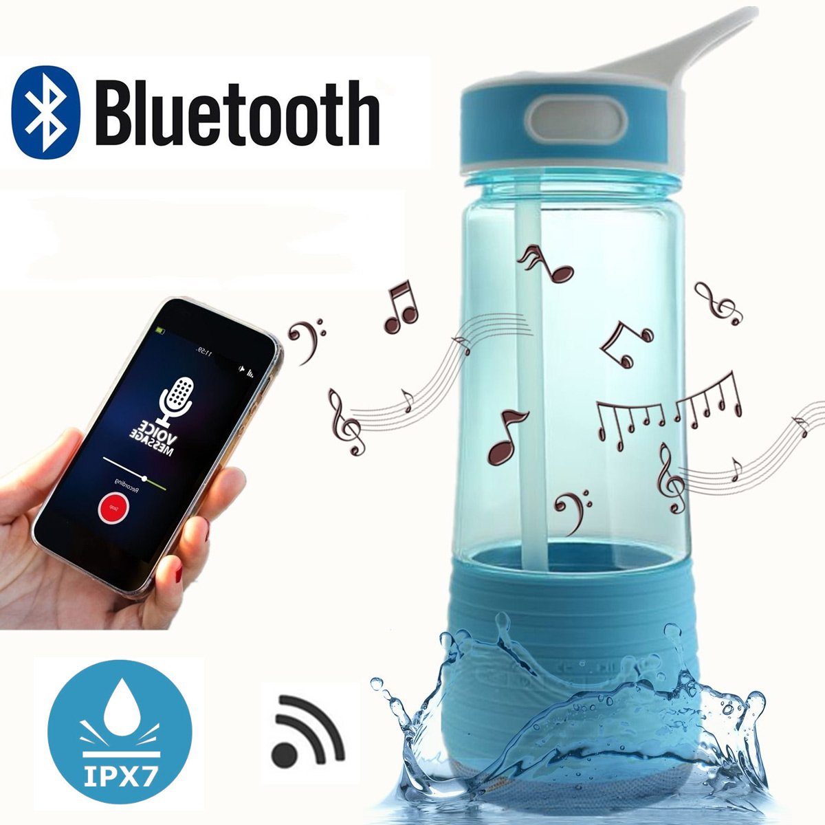 cAoku 3 in 1 Drink Water Bottle with Straw & Bluetooth Outdoor Speakers & Safety Light | BPA Free Water Bottle | Wireless IPX7 Waterproof Rechargeable Stereo Mini Speaker | Strobe Light