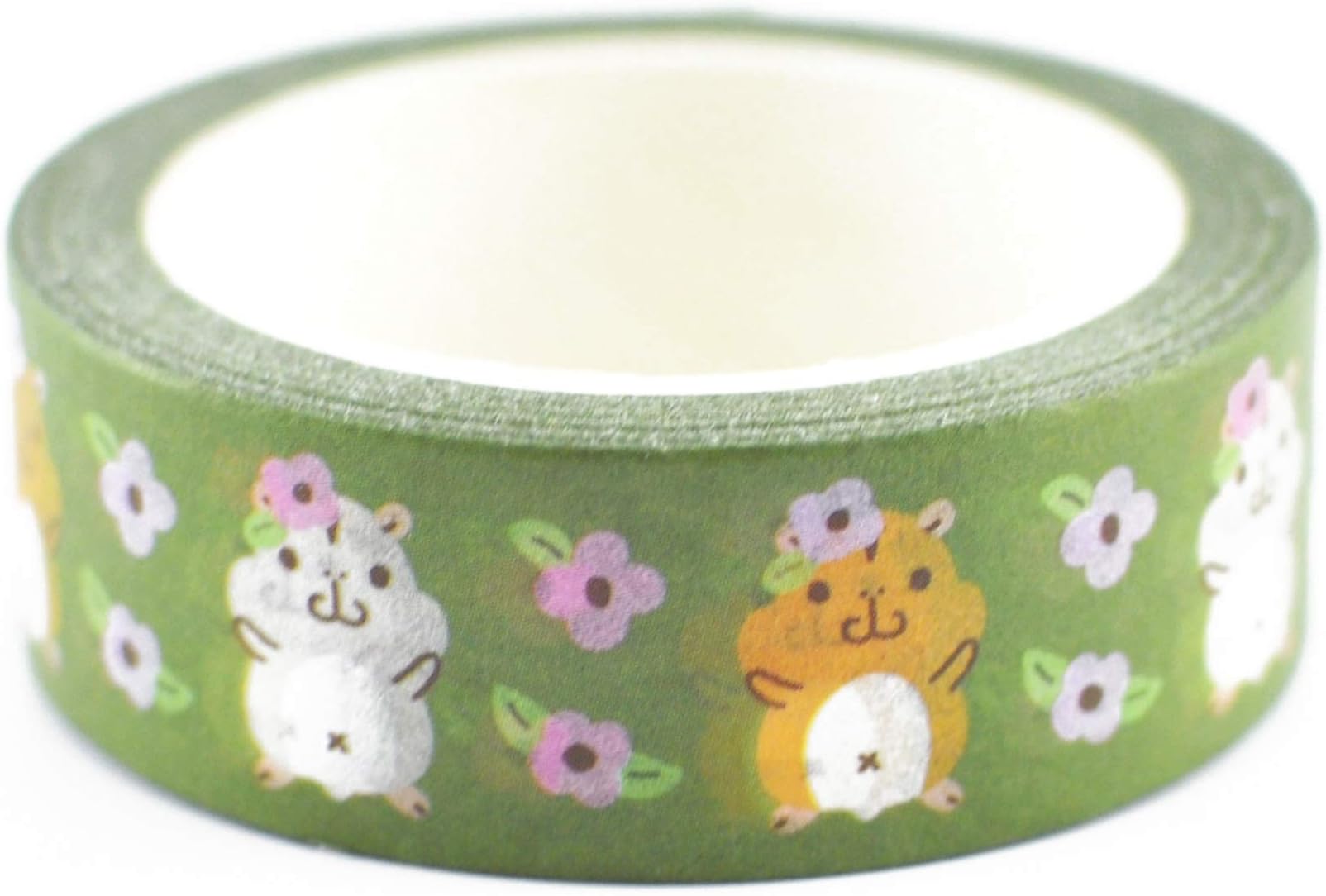 Hamster with Flower Washi Tape in Olive Green Background