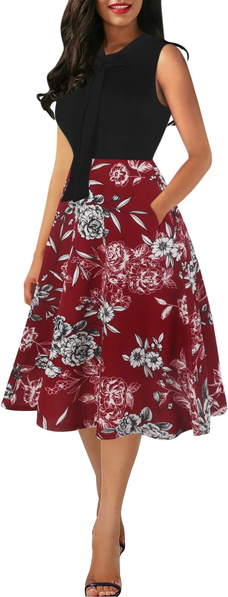 Women's Chic Stripe Dot Patchwork Pockets V-Neck Work Swing Dress with Bow-Knot SK278