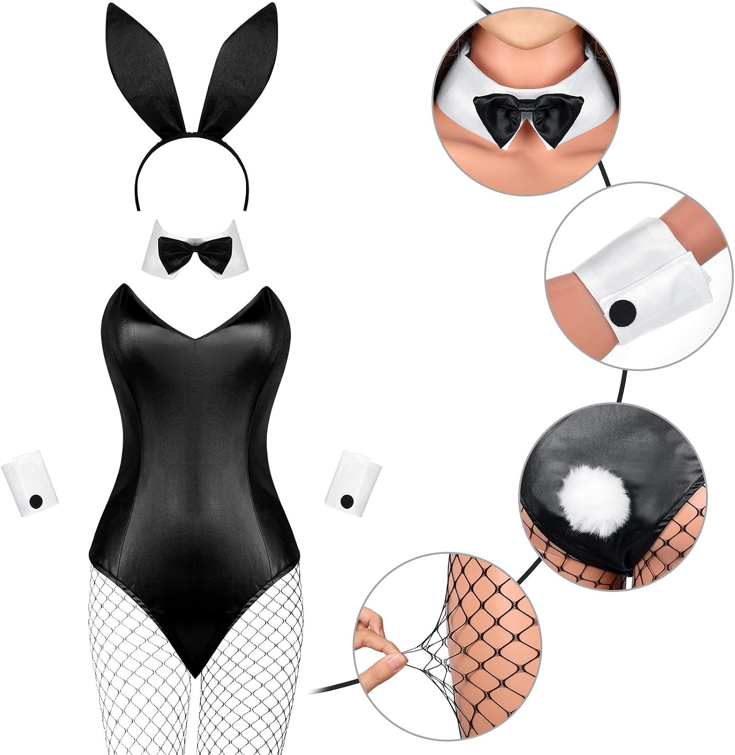 Geyoga Anime Women Bunny Costume Bunny Outfit Halloween Cosplay Bodysuit Role Costume Bunny Headband Stocking Set(Large,White and Black) - Image 3