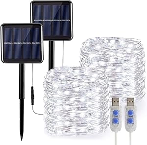 White String Lights Solar/USB Powered,2-Pack 49Ft 130 LED Twinkle Fairy Lights with 8 Lighting Modes & Waterproof Function for Outdoor Garden & Indoor Room Decor,Dusk to Dawn Auto ON/Off