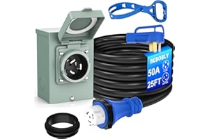 BEBOBLY 50 Amp Power Inlet Box and 25FT Generator Cord, 125V/250V Emergency Power Combo Kit, NEMA 3R Generator Plug, NEMA14-50P/SS2-50R RV Power Extension Cord, Twist Lock, Grip Handle