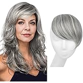 SARLA Clip in Side Bangs Extension Straight Synthetic Fake Bangs One Piece for Women Grey Multi