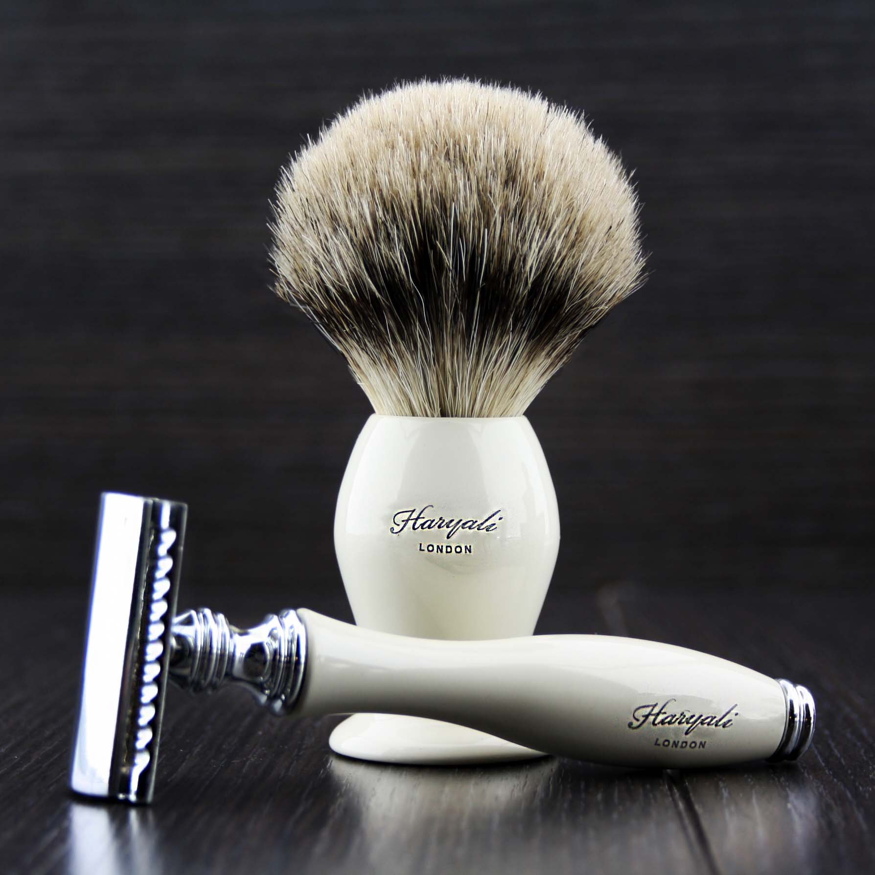 Haryali London Ivory Shaving Kit with Double Edge Safety Razor and Silver Tip Badger Hair Shaving Brush Perfect Set for Men