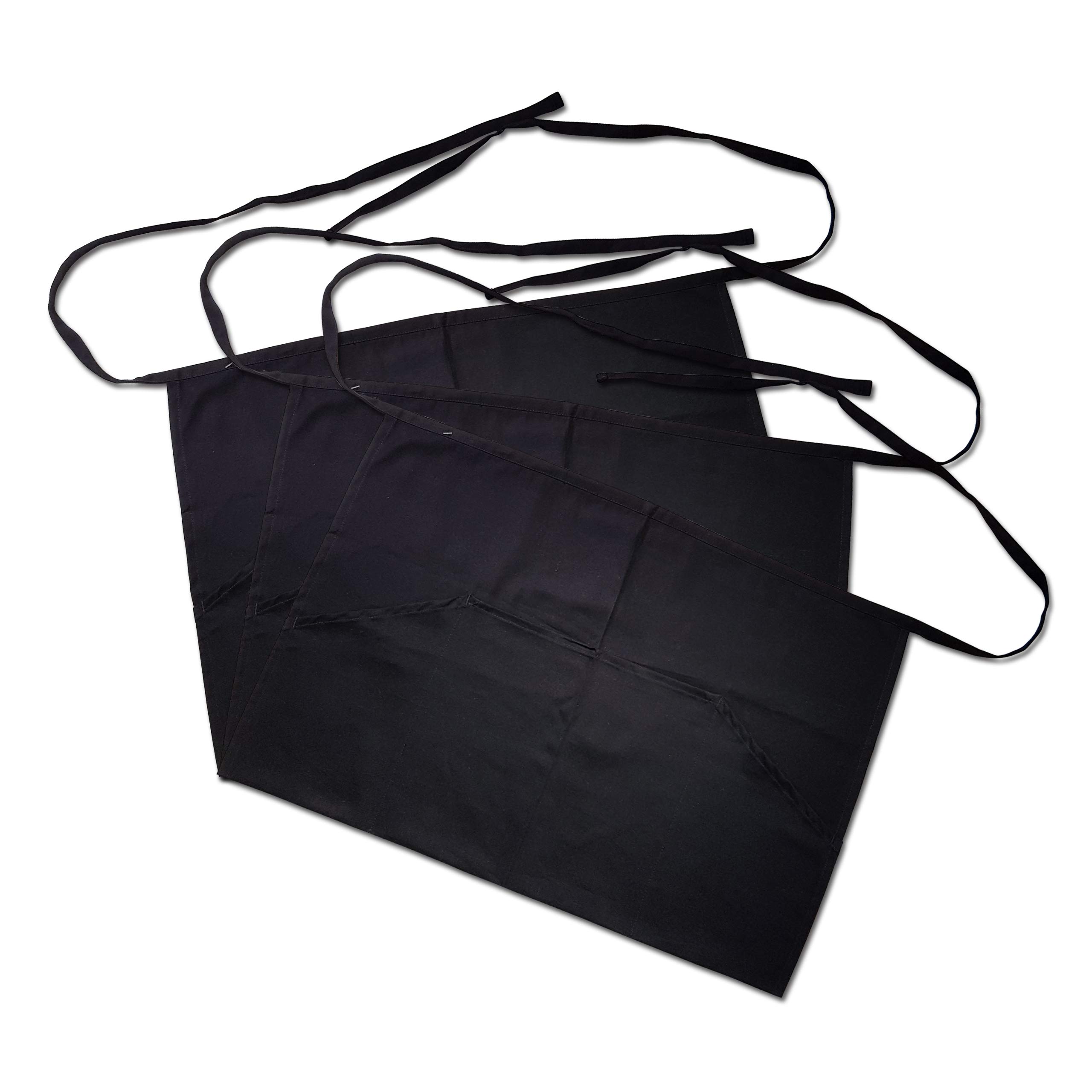 Bronta Mill Pack of 3 Waist Aprons - Black Short Aprons with Pockets for Home, Kitchen, Restaurant Work