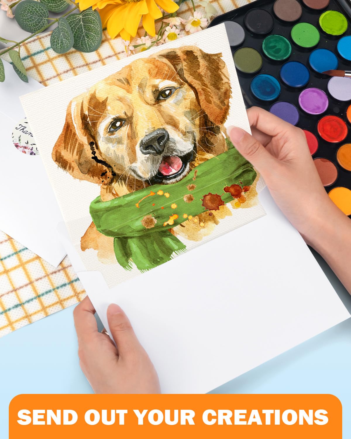 Watercolor Cards and Envelopes Set - 50 Folded 5x7 Inch Blank Heavyweight Paper Cards (140lb/300gsm) with Matching Envelopes for DIY Greeting Cards, Festivals, and Events