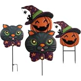 TERESA'S COLLECTIONS Halloween Yard Stakes, Metal Halloween Yard Signs | Metal Stacked Solar Black Cat Pumpkin Garden Stake for Cute Halloween Decor Outdoor, Yard Lawn Garden Pathway Decor, Medium