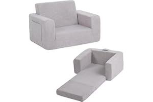 Welnow Toddler Chair, 2-in-1 Soft Sherpa Kids Sofa, Convertible Toddler Couch Lounger, Flip Out Kids Couch Chair with Side Pockets & Removable Cover for Girls and Boys, Grey