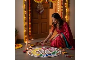 ARTISENIA Wooden DIY Floral Diwali Rangoli Decor with MDF Laxmi Charan Paduka | Easy-to-Use 11-Inch Round Rangoli Template with Diya Cut Work | Traditional Rangoli Diwali Decoration (Design2)