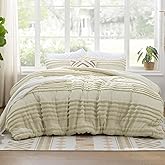 BEDELITE Boho Comforter Set Queen Size, Beige Tufted Striped Bed Set 3 Pieces, Soft Cream Vintage Farmhouse Comforter for All Seasons, Boho Home Decor,Fluffy Jacquard Bedding with 2 Pillow Shams