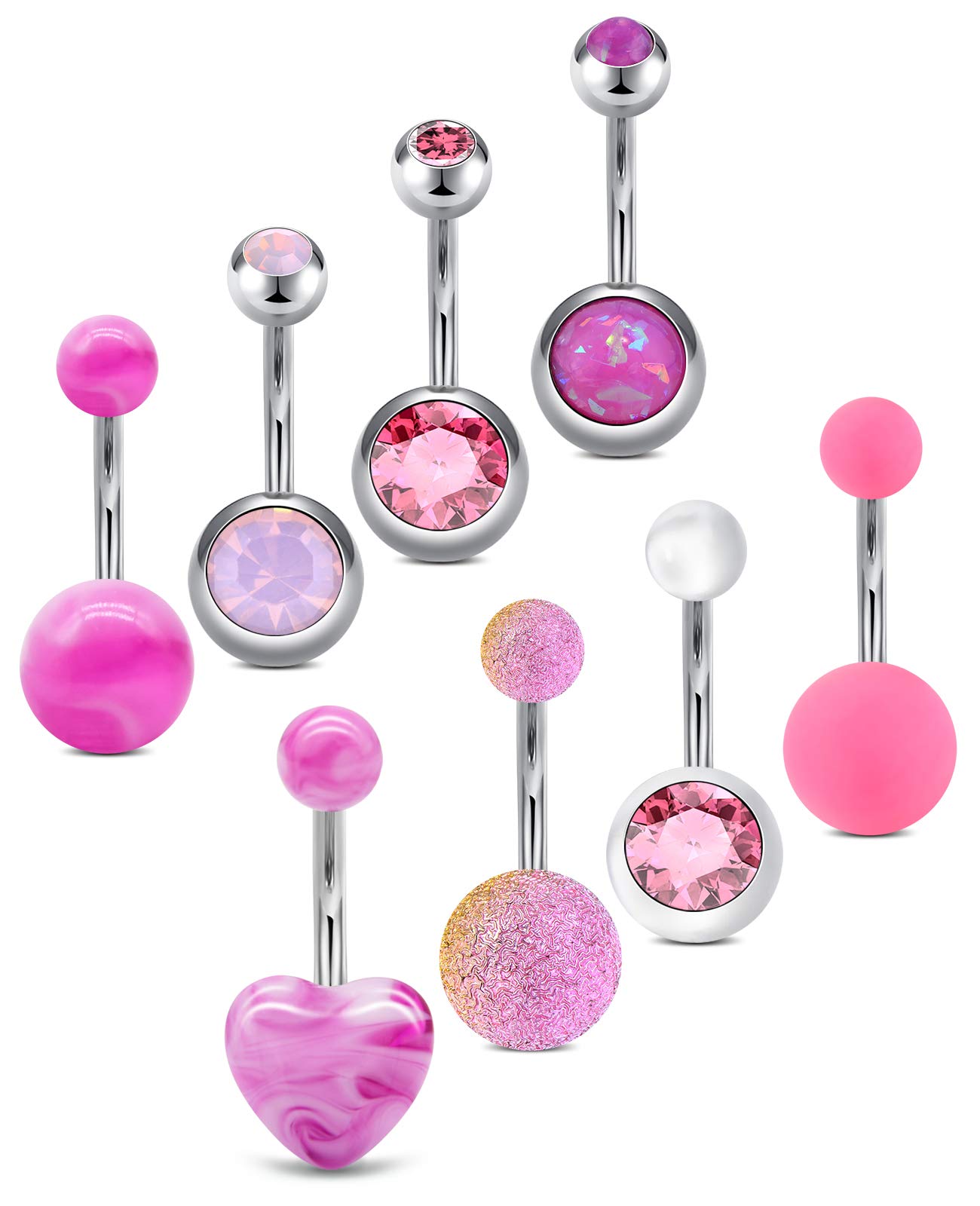 AceFun Pink Belly Bar Surgical Steel 14G Belly Rings Belly Button Bar Belly Ring Navel Piercings 10mm 8pcs