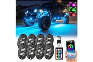 LD DARKEAGLE 8Pods Aluminum RGB LED Rock Lights for Jeep Trucks UTV ATV RZR Golf Cart Offroad SXS SUV Side by Side with APP/RF Remote Control, Waterproof Multicolor Metal Alloy Case Segmented Underglow Light 12V