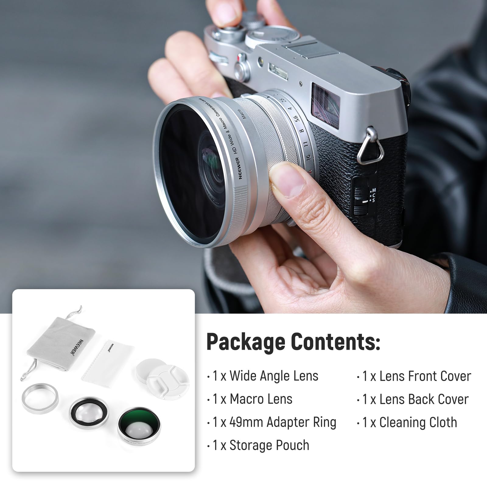 NEEWER 49mm 0.75x Wide Angle & 1.4X Macro Additional Lens for X100 Series Cameras, HD 2 in 1 Lens with 49mm Adapter Ring for Fujifilm X100 X100S X100F X100T X100V X100VI Cameras (Silver Frame), LS-47