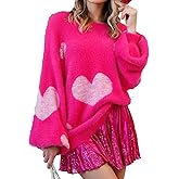 ICNGLKSND Women Long Sleeve Loose Fit Sweater Crewneck Y2K Heart Fuzzy Cropped Shirt Dressy Knitwear Cozy Outwear Pullover