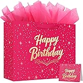 BeiLaad 13" Pink Happy Birthday Gift Bag with Greeting Card and Tissue Papers, Happy Birthday Bag for Women Girls Party, Gift Bags Medium size(1 PCS Pink Hot Stamping)