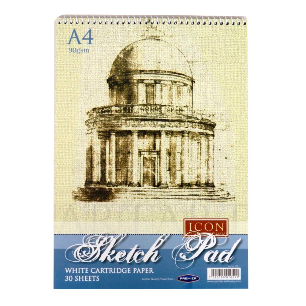 Premier Stationery Icon Spiral Bound Sketch Pad, 90gsm A4 Artist Sketch Pad, Double Sided White Paper, Drawing Pad, Ideal for Sketch Pencils, Pen & Pastels (200g, 30 Sheets)