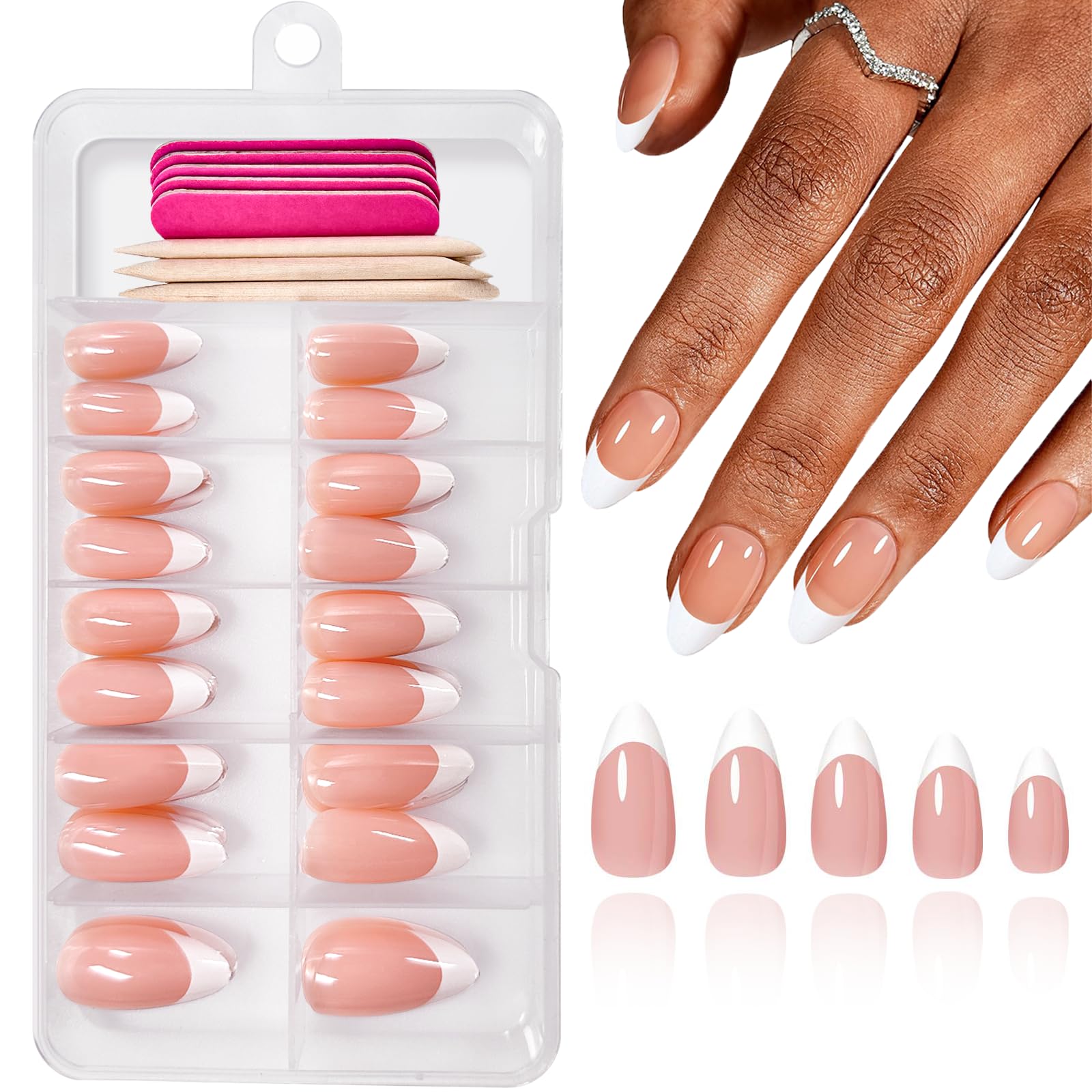 Photo 1 of 120 Pcs French Tips Press on Nails Medium Almond Fake Nails White Tips False Nails Full Cover Acrylic Glue on Nail Nude Stick on Nail Press ons Fingernail & Adhesive Tab for Women Manicure
