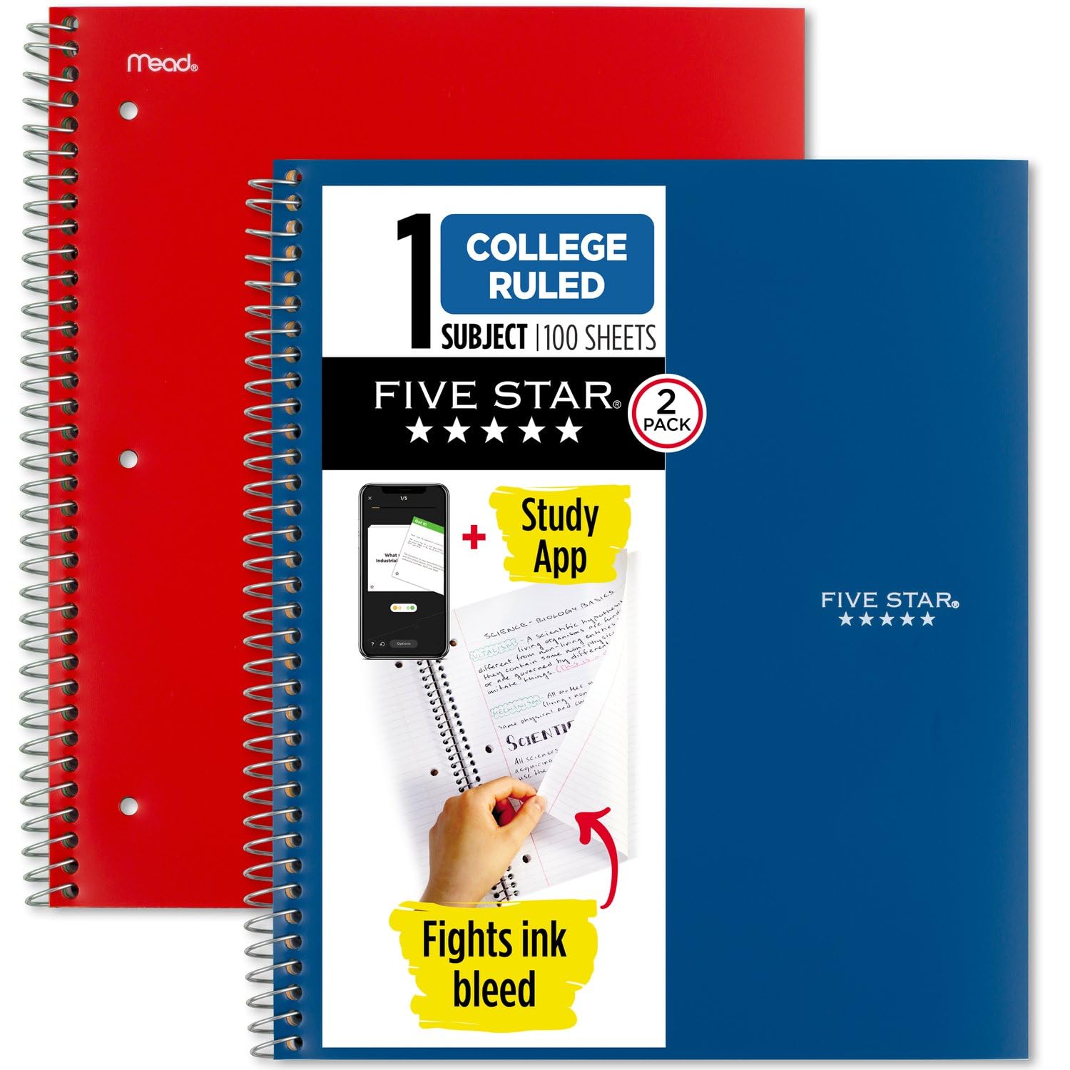Five Star Spiral Notebooks + Study App, 2 Pack, 1 Subject, College Ruled Paper, 100 Sheets, 11" x 8-1/2", Pacific Blue, Fire Red (38452)