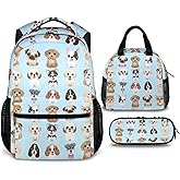 Sharecolor Dog Backpack with Lunch Box, Set of 3 School Backpacks Matching Combo, Cute Blue Bookbag and Pencil Case Bundle