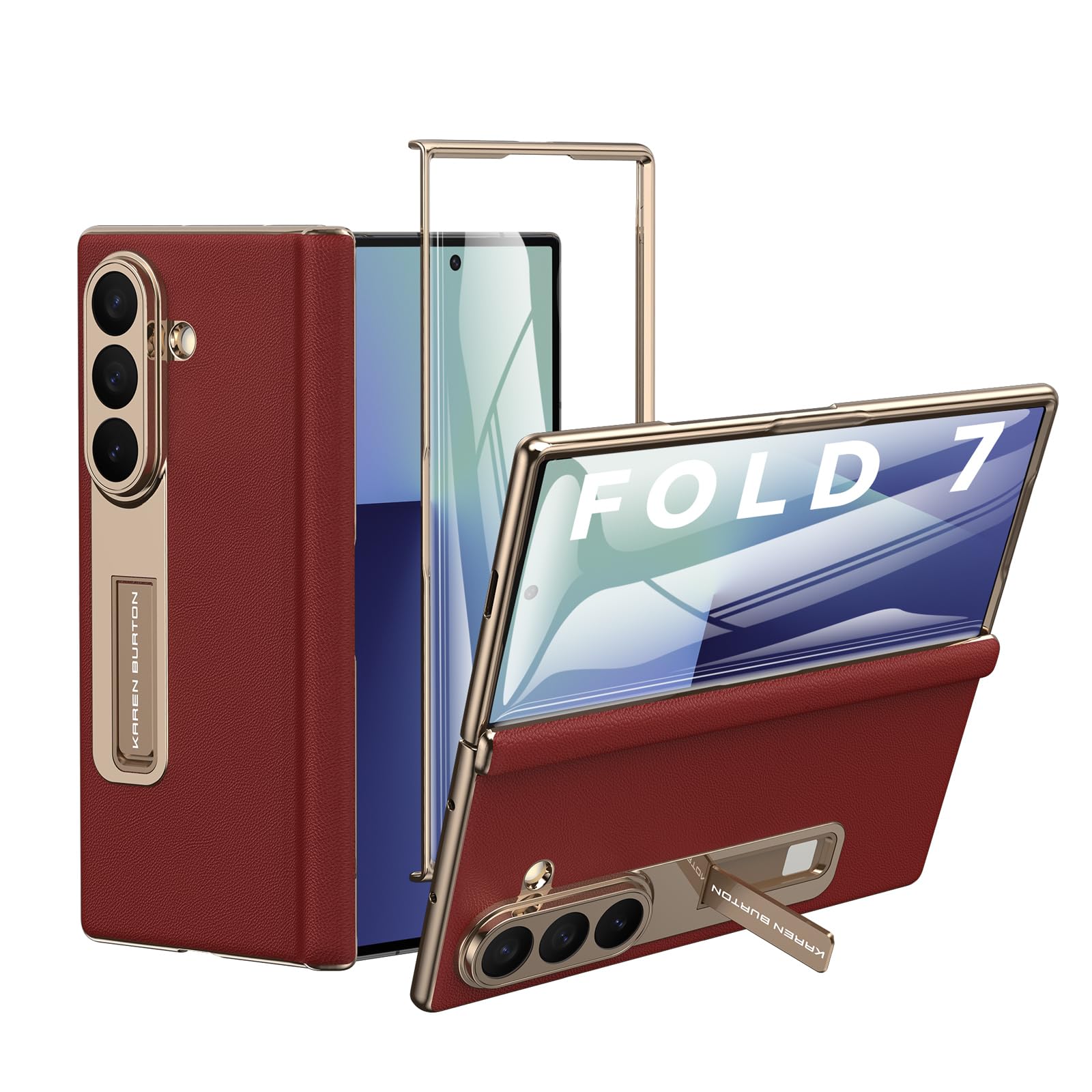 Kalernd for Samsung Galaxy Z Fold 7 Phone Case,Luxury Genuine Leather,Full Body Hinge Protection,Built-in Screen Protector,Kickstand Slim Phone Cover for Galaxy Z Fold7 (Red)