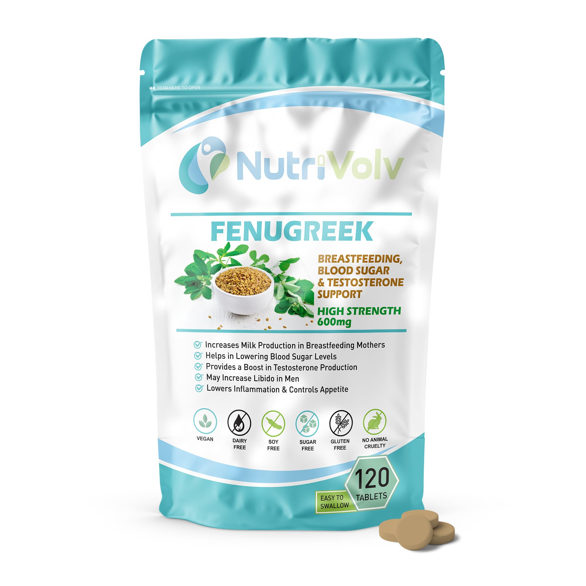 Fenugreek Supplement Tablet— High Strength Vegan 600mg Nutrition Pills for Testosterone Strength, Lactation Support & Blood Sugar Level Control — Easy to Swallow Pack of 120 Tablets