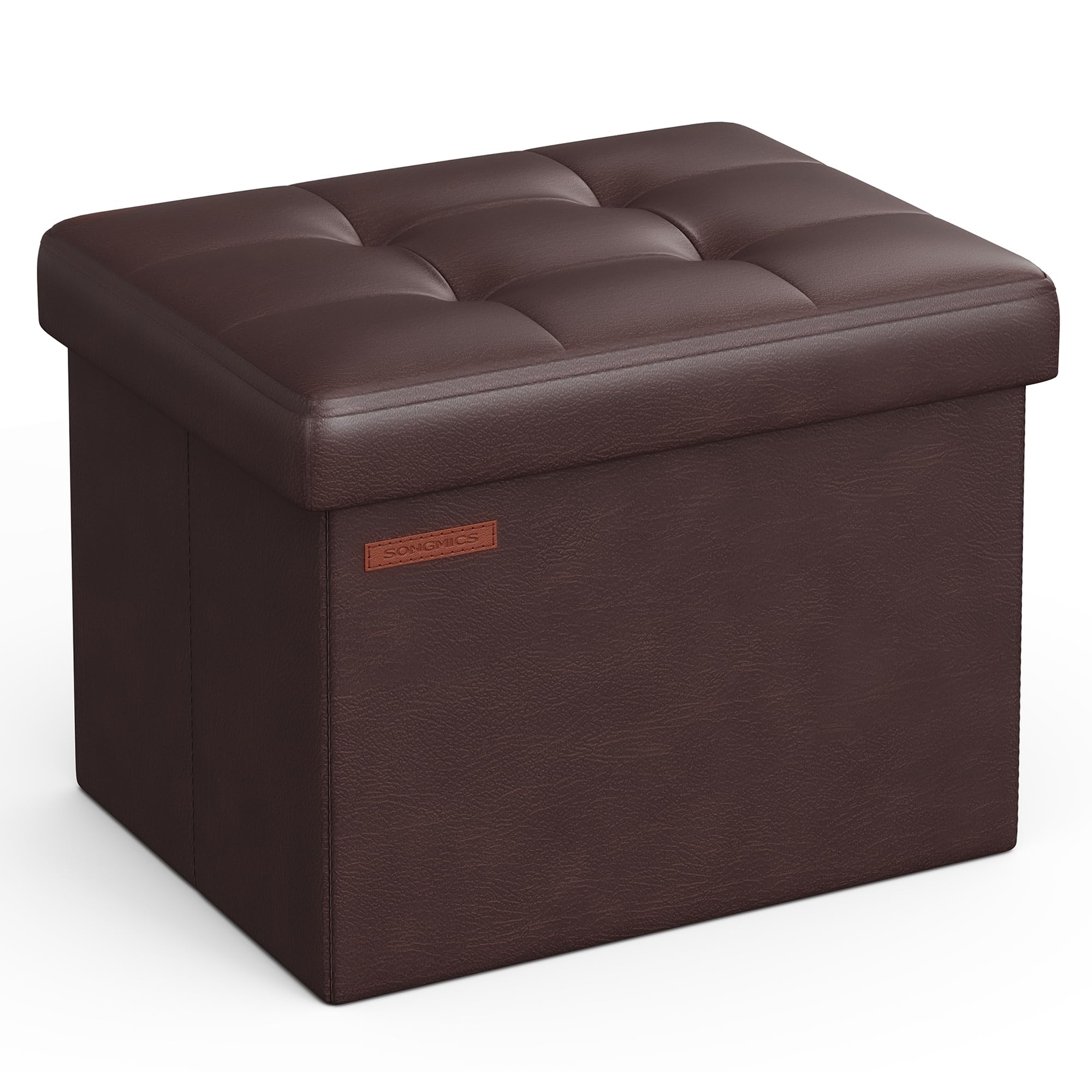 SONGMICS Small Folding Storage Ottoman, Foot Rest Stool, Cube Footrest, Synthetic Leather, 12.2 x 16.1 x 12.2 Inches, 286 lb Capacity, for Living Room, Bedroom, Dorm, Chestnut Brown ULSF100K02 Image
