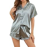 Brezzistaxs Silky Satin Pajamas for Women, Soft Short-Sleeve Button-Up Top Drawstring Shorts - Classic Pinstripe Satin PJ Set