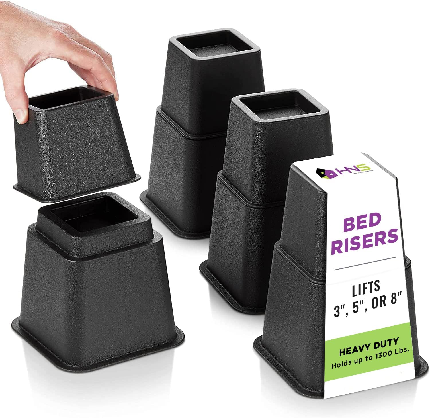 Photo 1 of HOLDN’ STORAGE Adjustable Bed Risers and Furniture Risers-Stackable Bed Lift 3, 5, or 8 Inch-Set of 4 Bed Risers-Heavy Duty-Perfect for College Dorms- Supports up to 1,300 lbs–Fits Legs up to 2.75” W