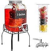 OneDream Glass Drink Dispenser for Parties, 1Gallon Beverage Dispenserd with Stand, Lemonade Dispenser with Stainless Steel Spigot and Fruit Infuser, Come with Ice Cylinder, Used as Sun Tea, Juice