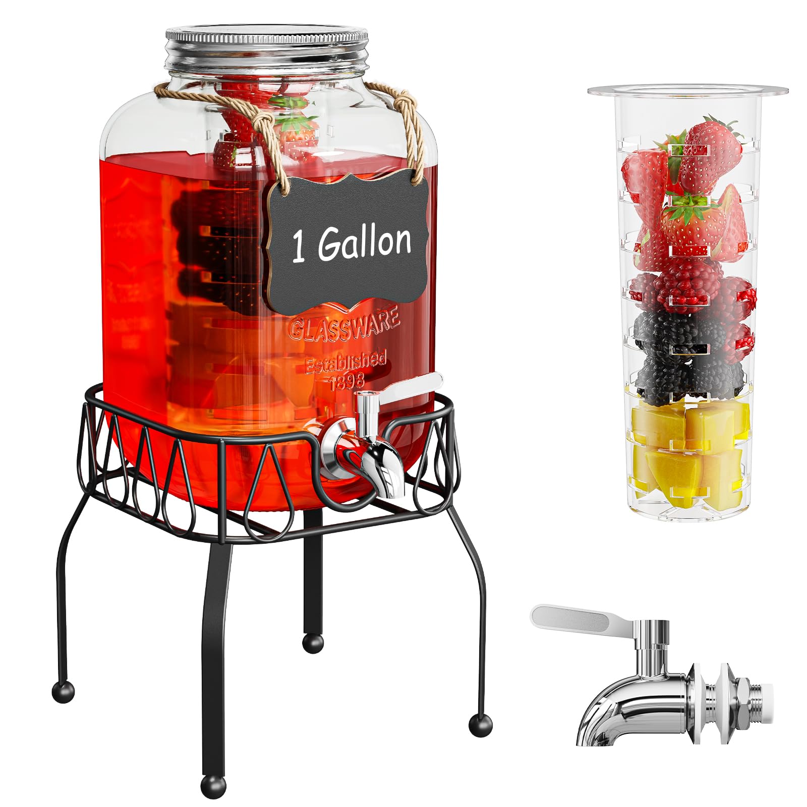 Photo 1 of (used)(see all images) OneDream Glass Drink Dispenser for Parties, 1Gallon Beverage Dispenserd with Stand, Lemonade Dispenser 