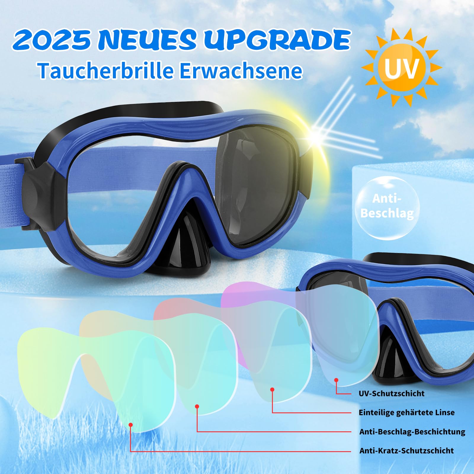 Tauchmaske, professionelle Anti-Beschlag-Schnorchelbrille, auslaufsichere Schwimmmaske mit weichem, verstellbarem Riemen und Netztasche, Ohrstöpsel 3
