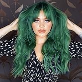 ANDRIA Green Wig with Bangs Blue Color Wig Wet and Wavy Long Loose Curly Wave Synthetic Heat Resistant Fiber Black Ombre Green Hair Wigs for Women 26 Inch