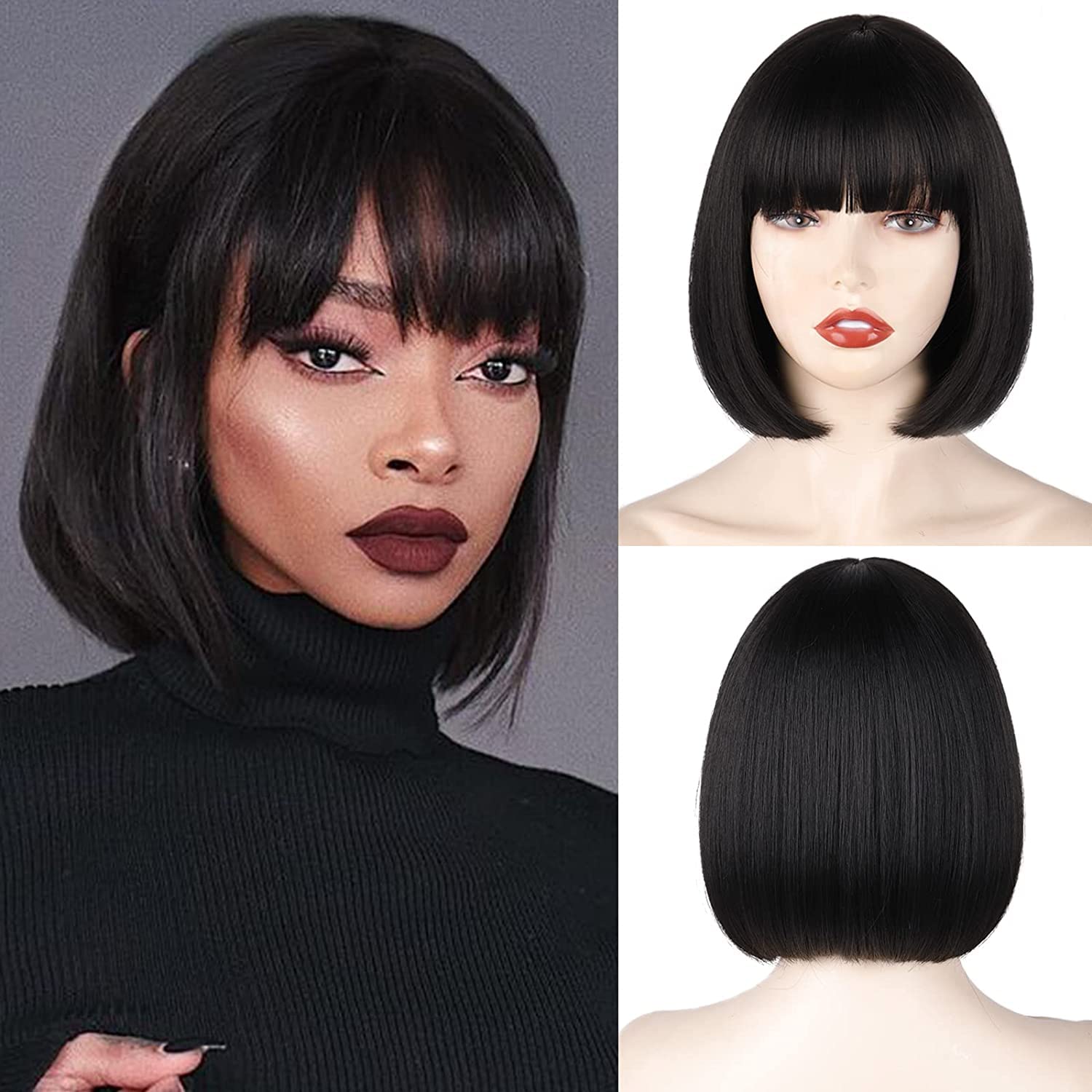 Creamily Black Short Bob Wig,Straight Black Bob Wig with bangs, 12 inch Straight Bob Bangs for Women Natural Looking for Party Halloween Costume Cosplay Party Daily Use โ image 1
