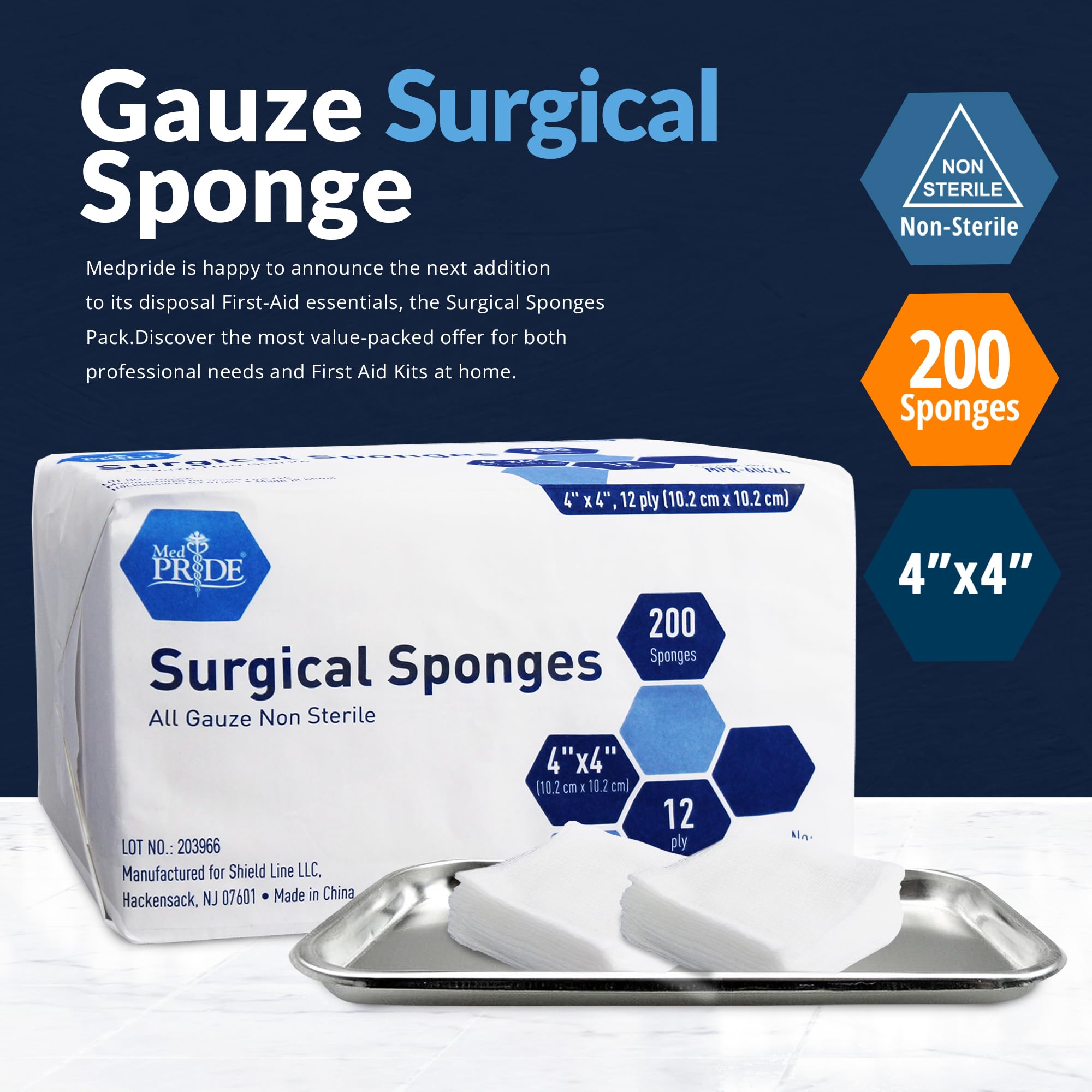 MED PRIDE 4”x 4” Gauze, 200 Surgical Sponges 12-ply Extra Absorbent | All-Gauze, Non-Sterile| Great for Wound Dressing, Prepping, Scrubbing & Cleaning| Essential First-Aid