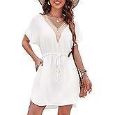 Fayenne Womens Swimsuit Coverups Lace V Neck Sexy Bathing Suit Cover Ups Dress with Pockets Short Sleeve Swimwear Cover Up
