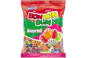 Colombina Bon Bon Bum Lollipops w/Bubble Gum Center, Assorted Flavors, Individually Wrapped, Ideal for Party Favors and Gifts, 1 Pack (24 Count)
