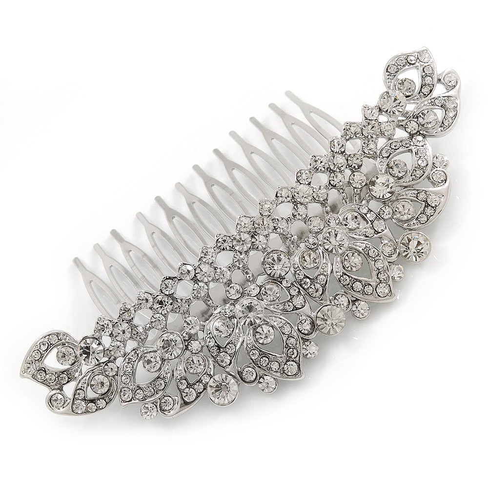 Statement Bridal/Wedding/Prom/Party Rhodium Plated Clear Crystal Side Hair Comb - 110mm Across