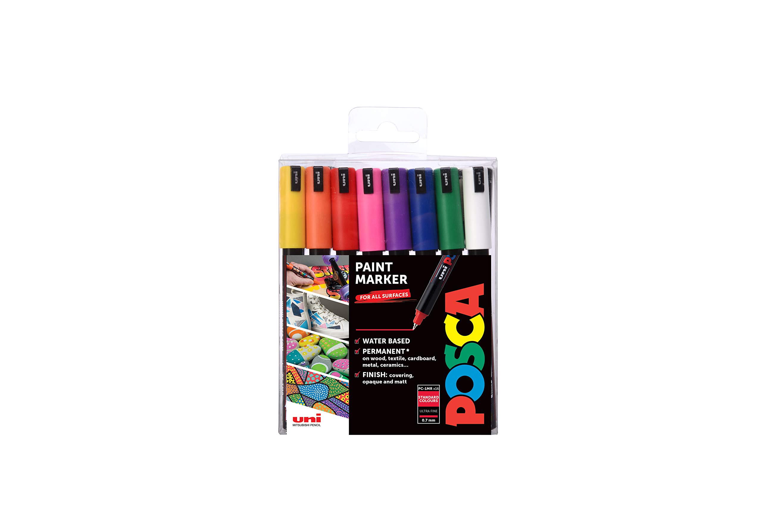 POSCA PC-1MR Permanent Marker Paint Pens. Ultra Fine Tip for Art & Crafts. Multi Surface Use On Wood Metal Paper Canvas Cardboard Glass Fabric Ceramic Rock Pebble Stone Porcelain. Set of 16 Colours
