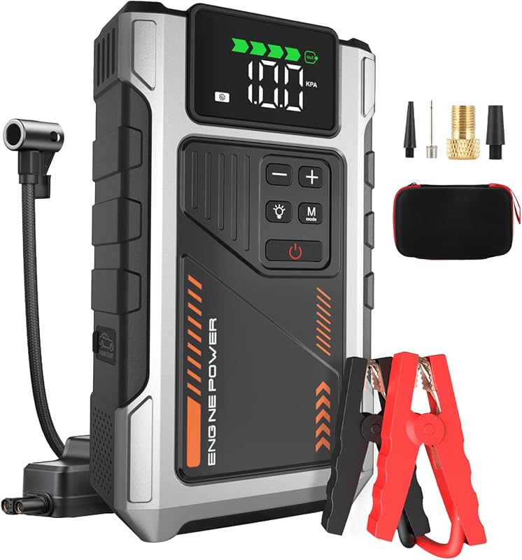 Motor de arranque da bateria do carro com compressor de 150 PSI, motor de arranque de 6000A (para gasolina 9.0L ou diesel 7.5L), amplificador de bateria de 12V com ecrã LCD, lanterna LED