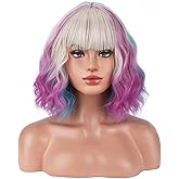 BERON Women Rainbow Short Curly Wavy Wig with Bangs Colorful Curly Bob Girls Hair Heat Resistant Synthetic Wigs for Cosplay Costume Party or Daily