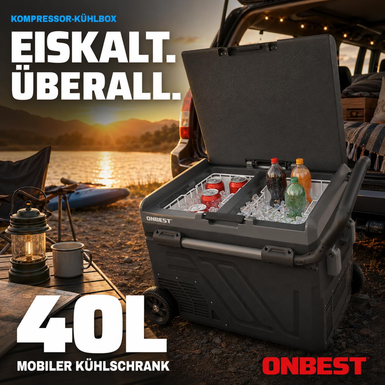 ONBEST XXL Kompressor Kühlbox – Große 40L – Elektrische Gefrierbox & Teleskophandgriff – 12V & 230V Stromanschluss – Mobile Kompressorkühlbox mit integriertem Zubehör – Autokühlboxen 2