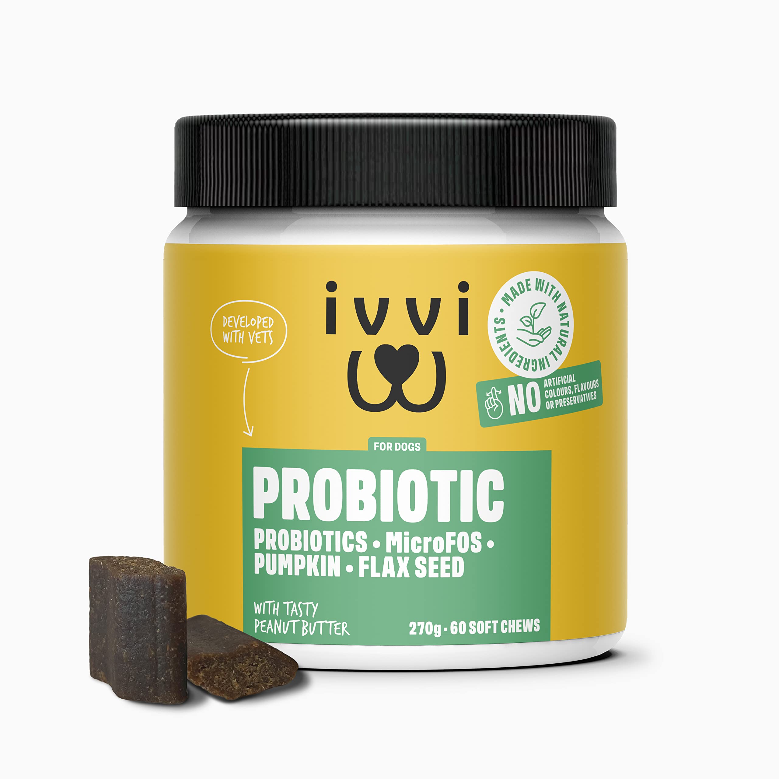 ivvi Probiotics for Dogs with Peanut Butter - 4bn CFU Probiotics & Prebiotics to Aid Digestion - 60 Tasty Soft Chews
