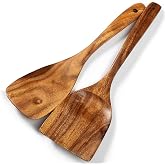 Wooden Spatulas, 2 PCs Natural Acacia Wooden Cooking Utensils Set for Non-stick Pan Kitchen Tool, flipping and Wok Spatula, Wooden Spoons &amp; Spurtle for Cooking
