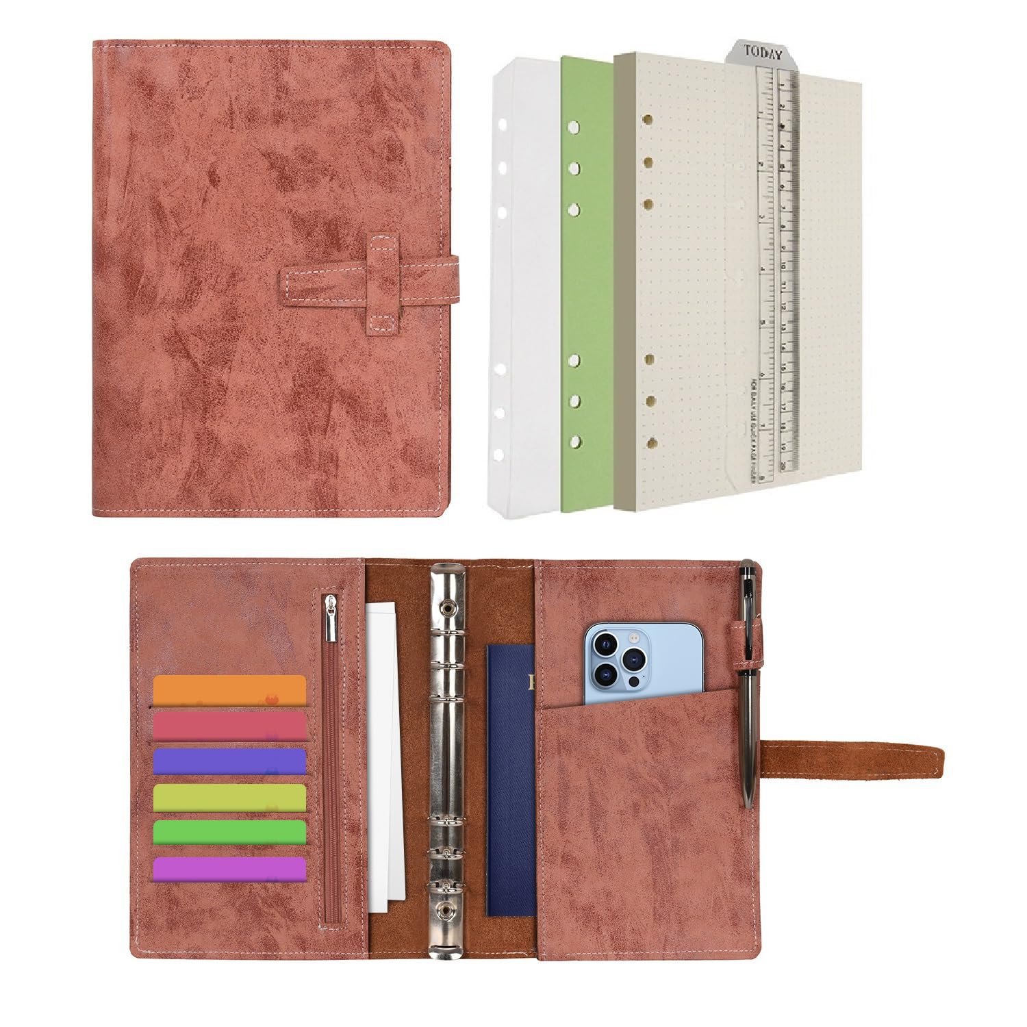 Wonderpool Leather Diary 6 Ring Binder Folder Organiser with Dotted Paper Refillable Writing Notebook & Multi Pockets Cover for Business Study Travel (A5, Brown)