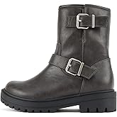 Soda “Kicker” ~ Women Moto Bootie Round Toe Buckle Straps Mid-Calf with Side Zipper