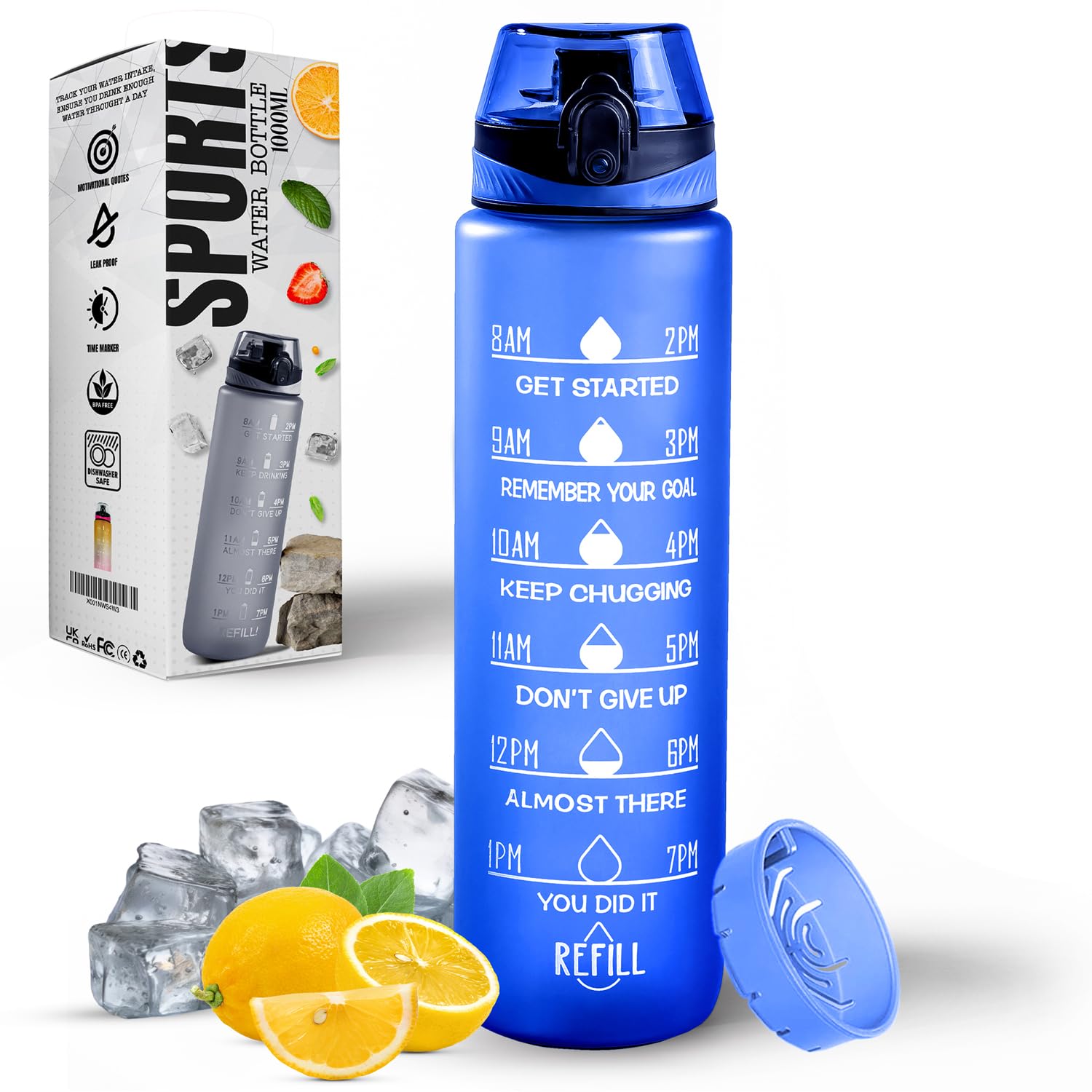 Roe Tenpo Water Bottle 1L, Sports Water Bottle with Time Markings, BPA-Free, Leak-Proof Drinks Bottle, Perfect for Running, Cycling, Gym, Yoga, Camping and Outdoor Activities, Blue